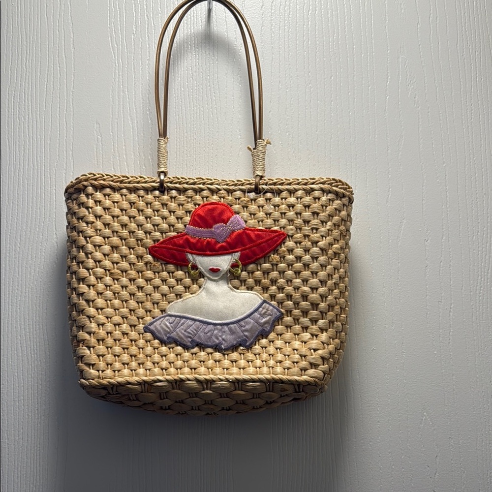 Stylish Tan Woven Tote with Red and Purple Accents
